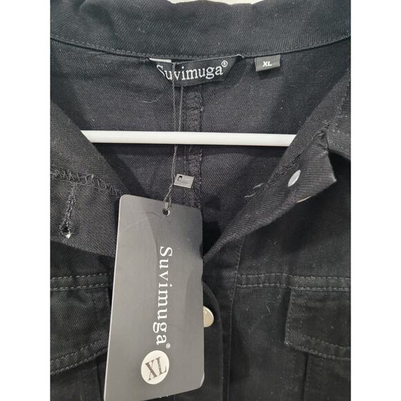 Suvimuga Women's Black Denim Jacket Button Down size XL Raw Hem #13 - Picture 3 of 3